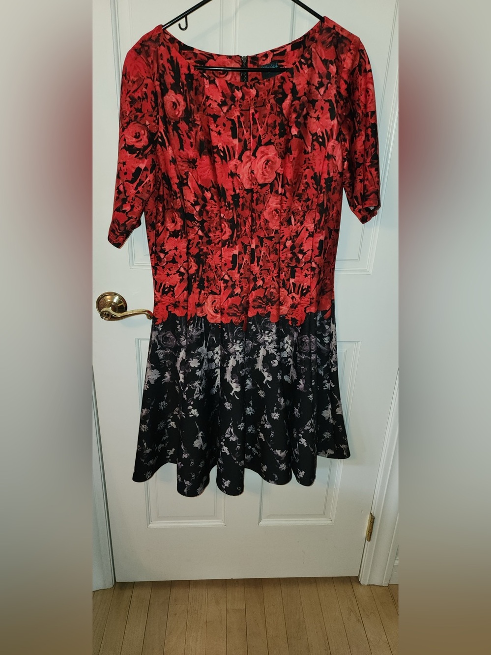 Red and Black Floral Fit-and-Flare Womens Dress